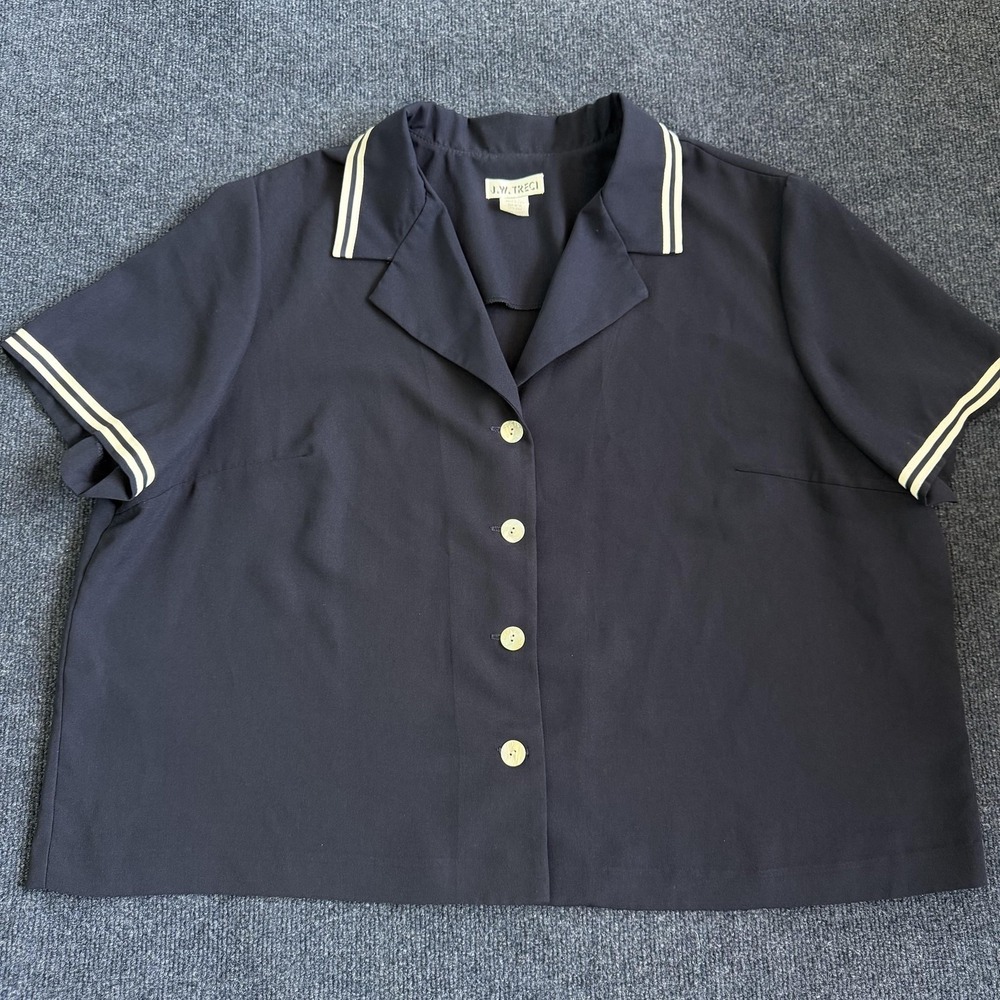 Vintage J. W. Treci Blouse Womens 24WP Navy Blue Stripe Short Sleeve Button Up